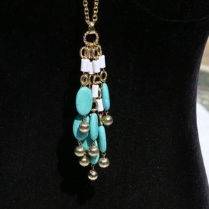 Long Boho Necklace Turq Howlite Tassel Goldtone